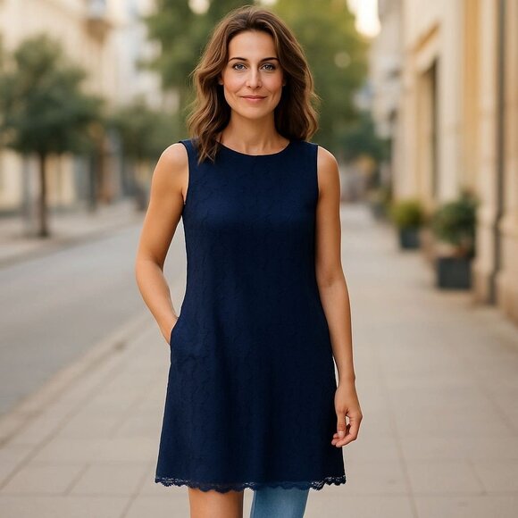 Max Studio Navy Lace Tiered Sheath Dress Small • Wedding Guest Coastalcore - Picture 1 of 8